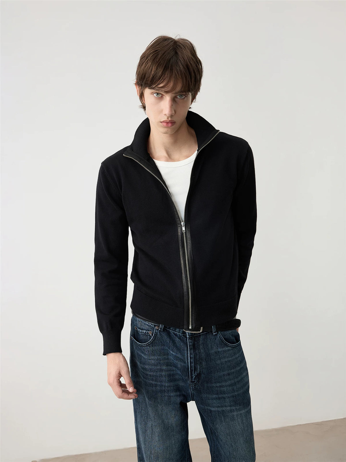 WOOL LEATHER BLEND CARDIGAN