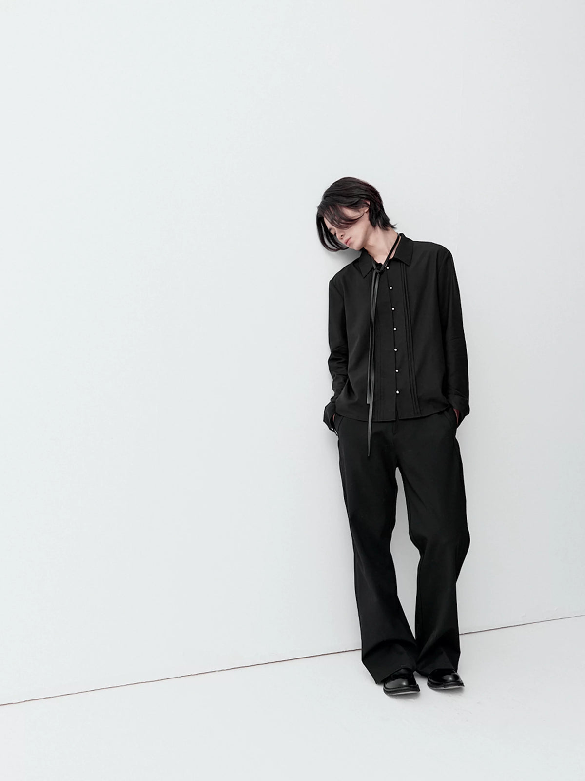 PLEATED LINEN BUTTON-UP SHIRT
