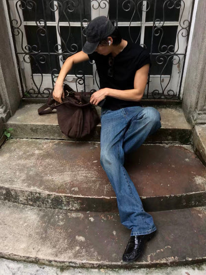 AGED BLUE STRAIGHT LEG JEANS