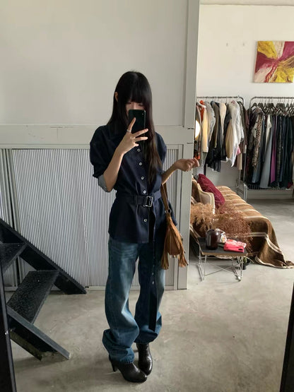AGED BLUE STRAIGHT LEG JEANS
