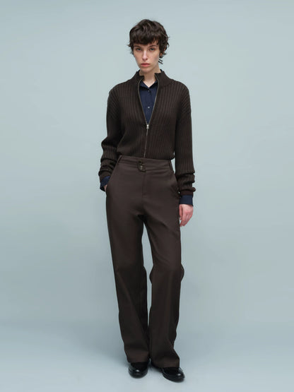ASYMMETRIC WAIST BUTTON HEM TROUSERS ダークブラウン