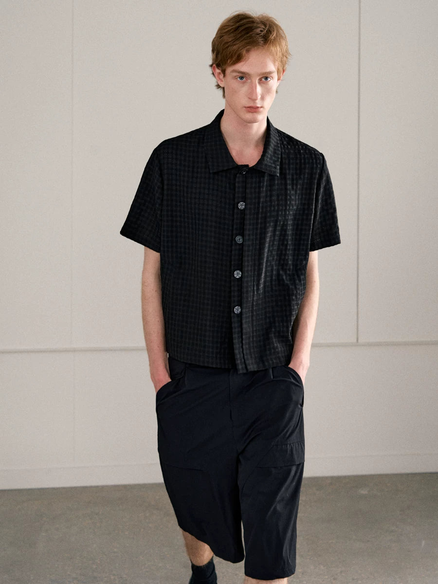 CHECKERED MESH HALF-PLACKET SHIRT