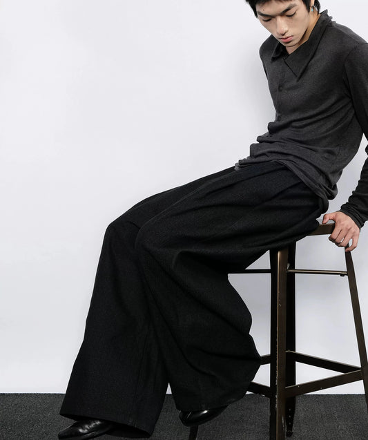 WIDE-WEAVE DENIM PANTS WITH PLEATS