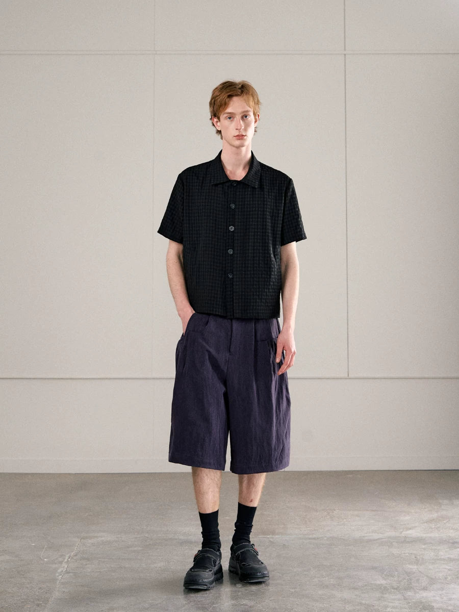 CHECKERED MESH HALF-PLACKET SHIRT