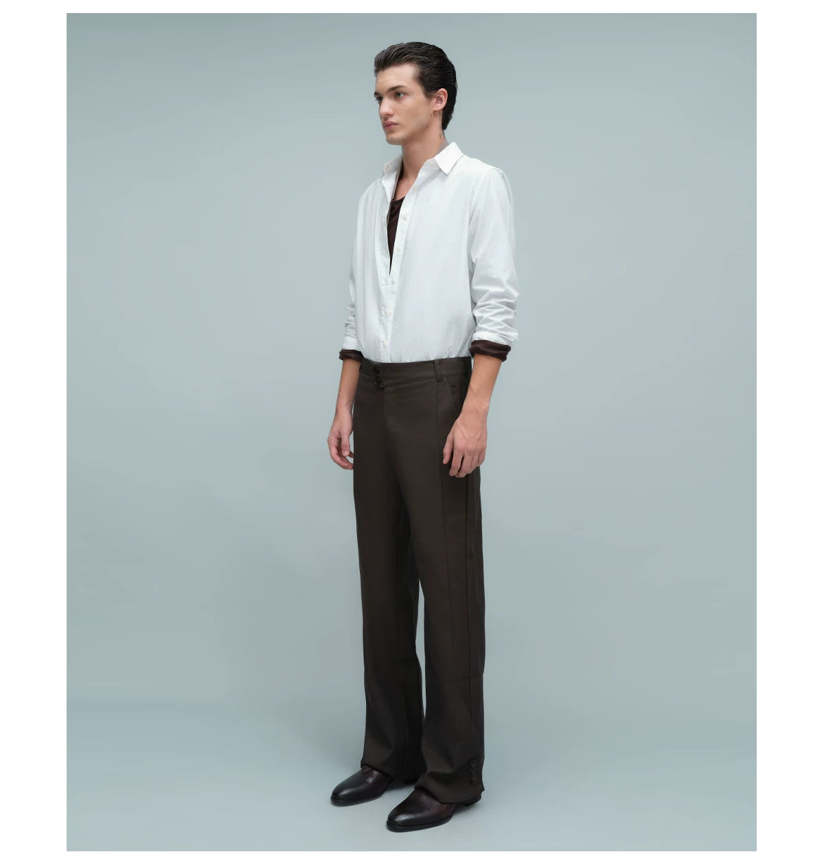 ASYMMETRIC WAIST BUTTON HEM TROUSERS ダークブラウン