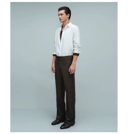ASYMMETRIC WAIST BUTTON HEM TROUSERS ダークブラウン