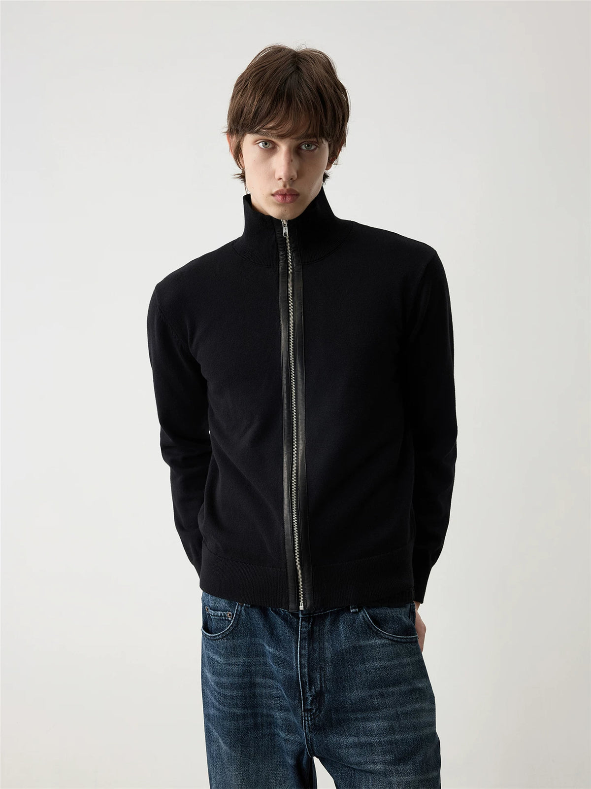 WOOL LEATHER BLEND CARDIGAN