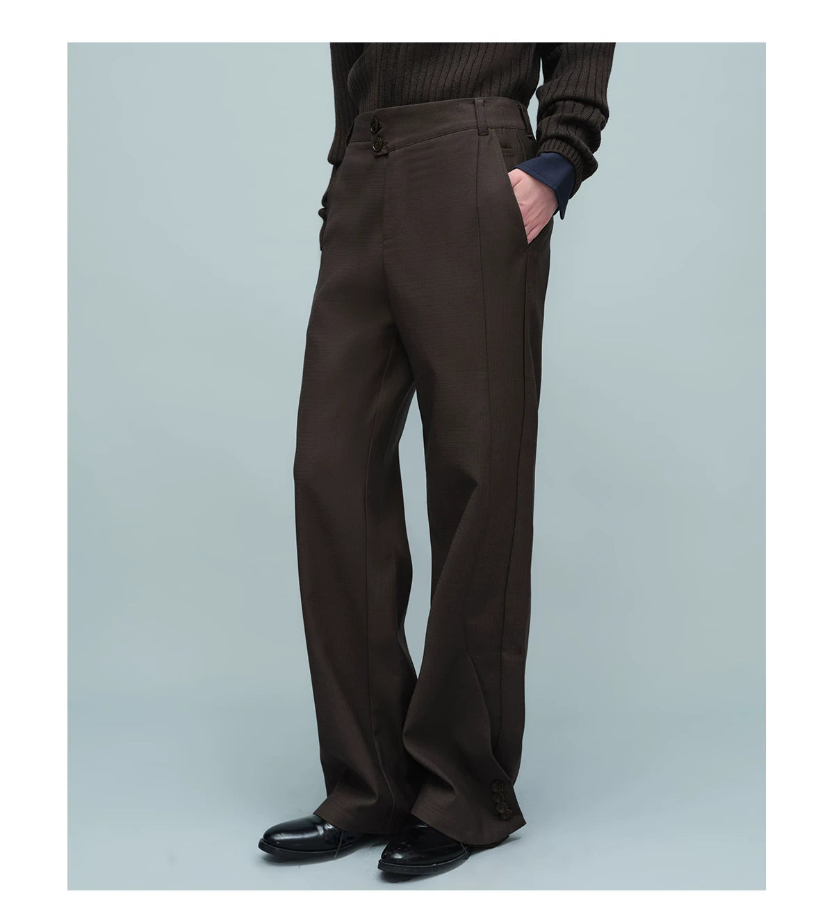 ASYMMETRIC WAIST BUTTON HEM TROUSERS ダークブラウン