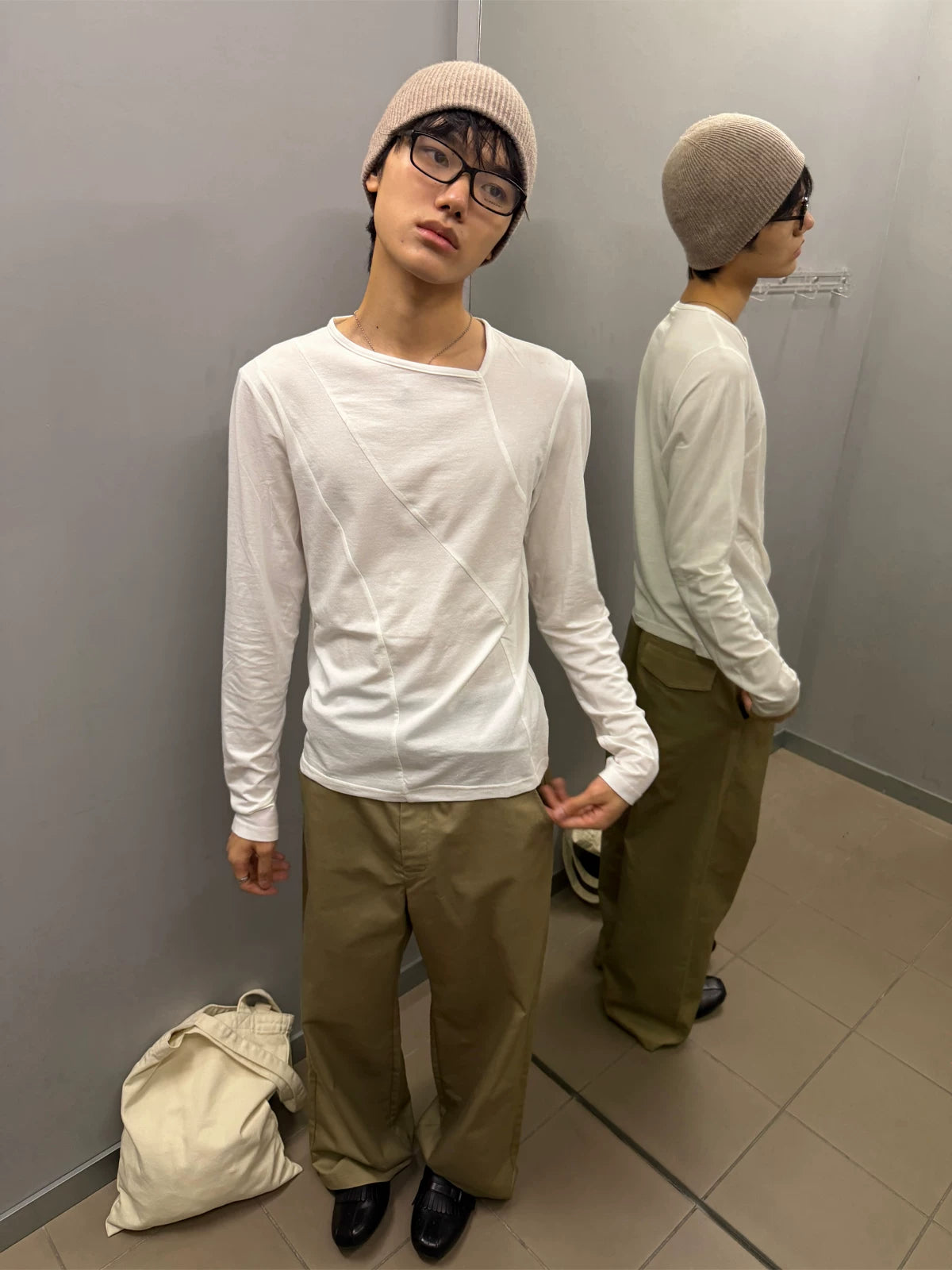 ASYMMETRIC NECK LINEN BLEND LONG SLEEVE TOP 1