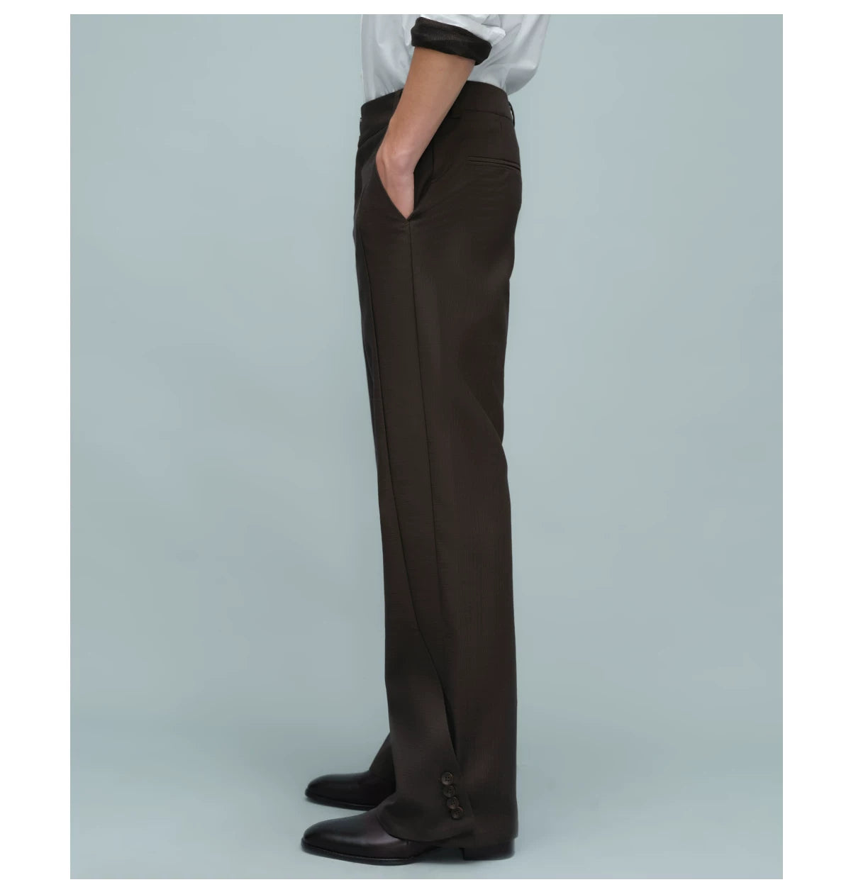 ASYMMETRIC WAIST BUTTON HEM TROUSERS ダークブラウン