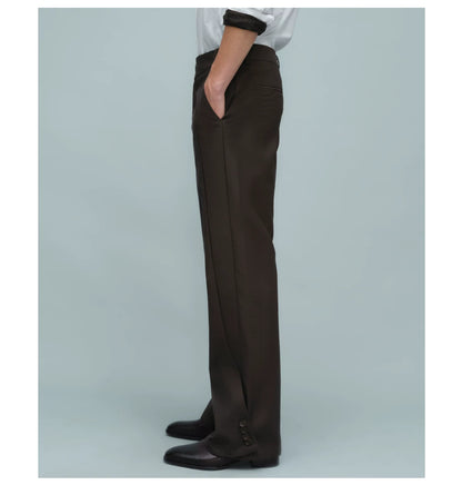 ASYMMETRIC WAIST BUTTON HEM TROUSERS ダークブラウン