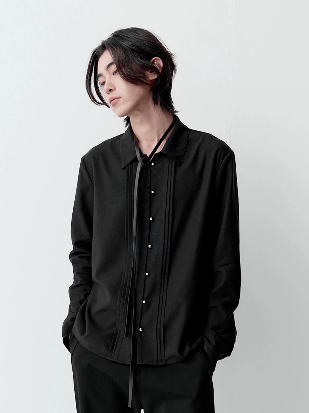 PLEATED LINEN BUTTON-UP SHIRT