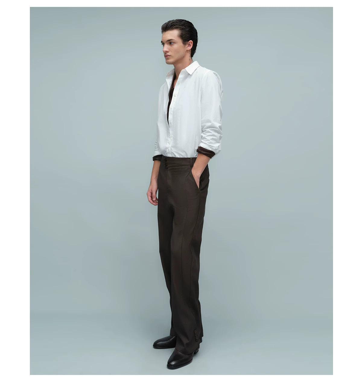 ASYMMETRIC WAIST BUTTON HEM TROUSERS ダークブラウン