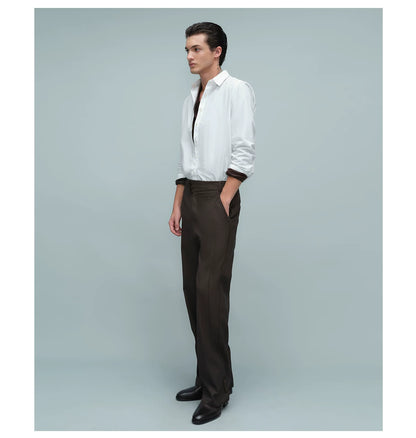 ASYMMETRIC WAIST BUTTON HEM TROUSERS ダークブラウン