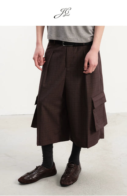 PLAID PLEATED WORK SHORTS