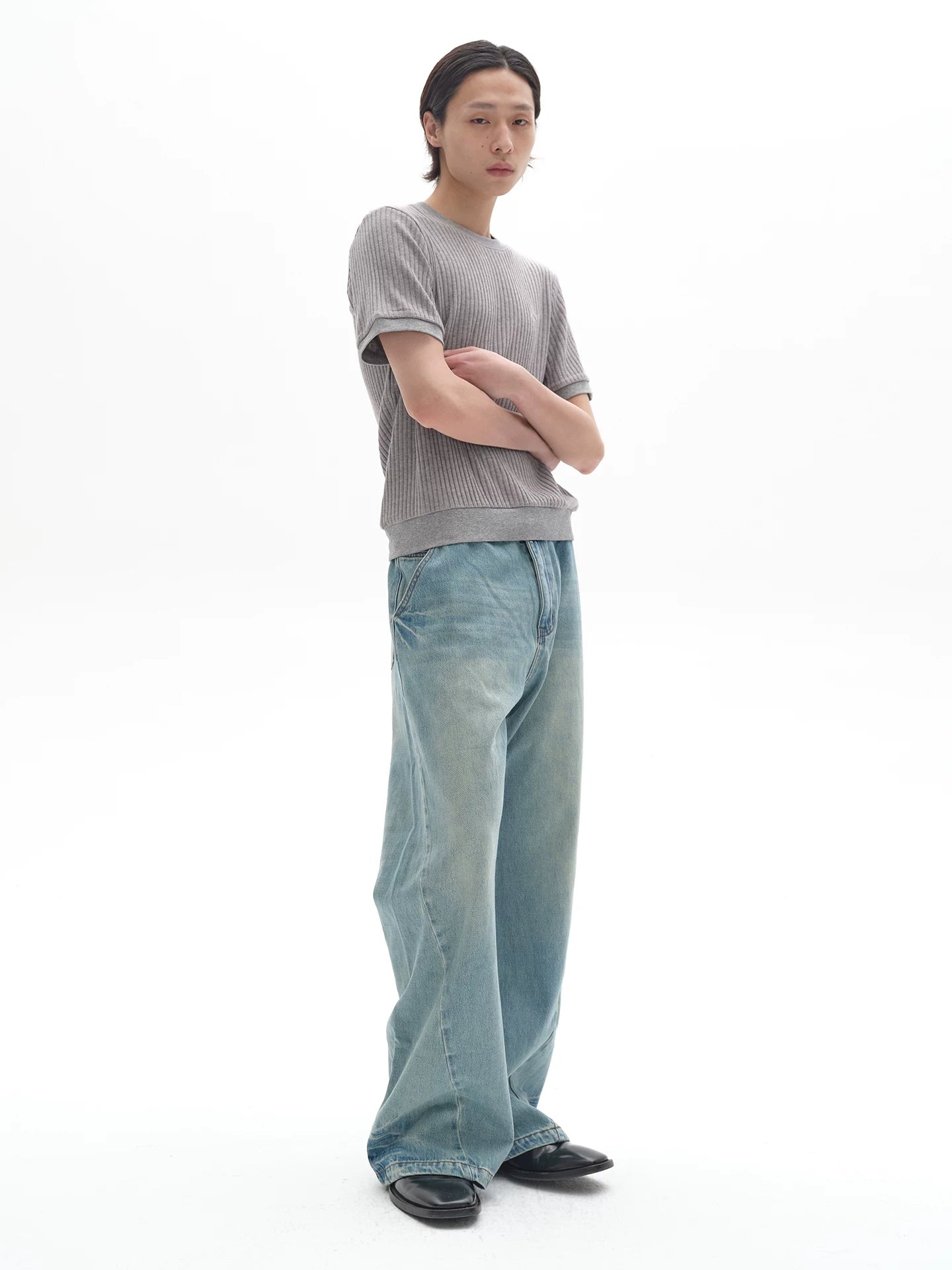 TWO-TONE TWISTED DENIM PANTS