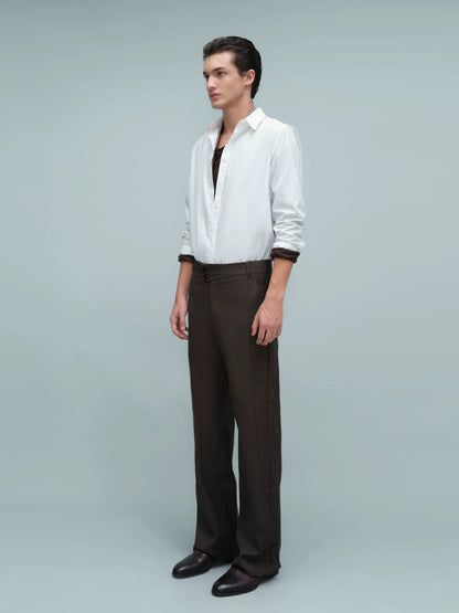 ASYMMETRIC WAIST BUTTON HEM TROUSERS ダークブラウン