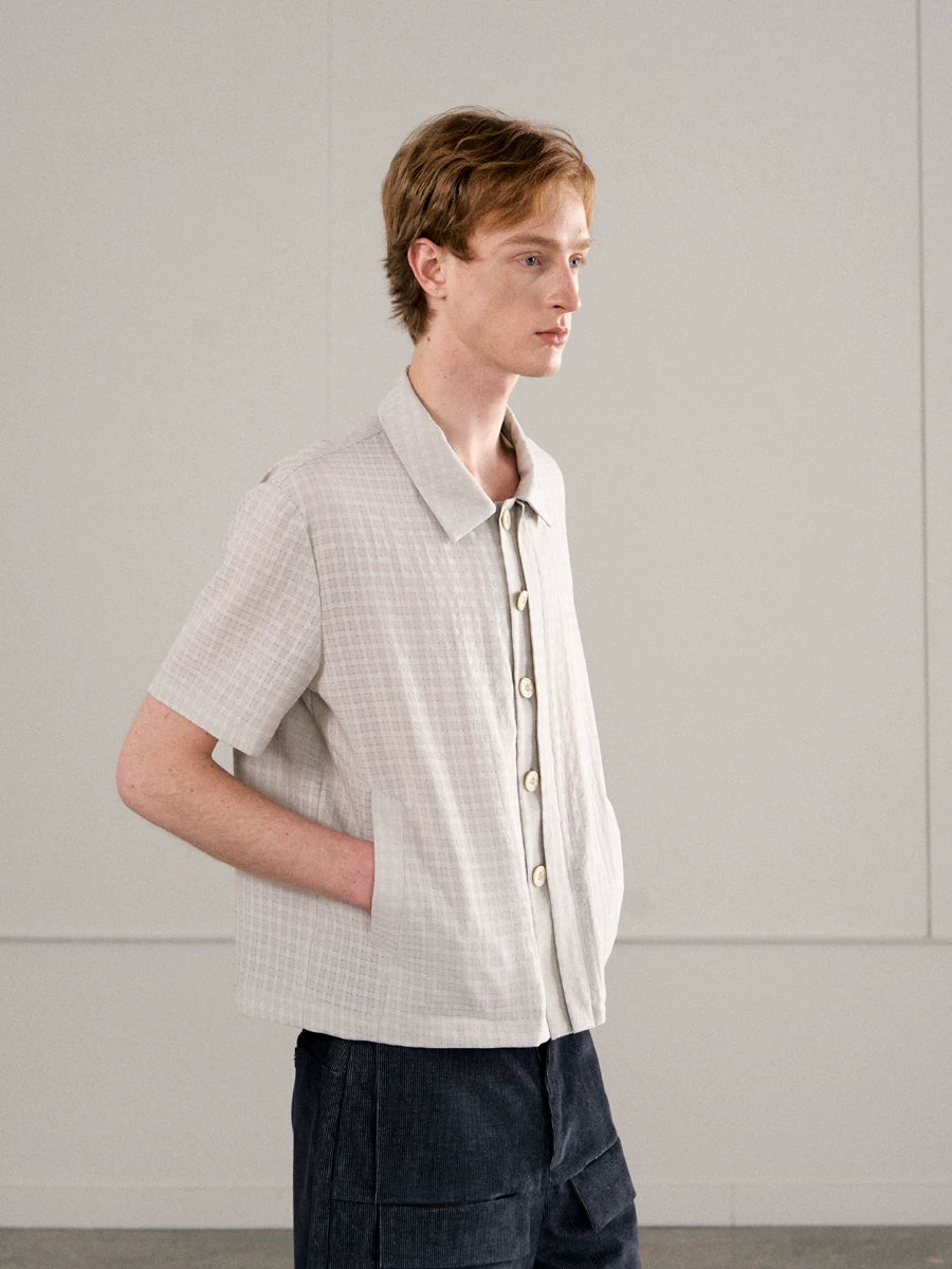 CHECKERED MESH HALF-PLACKET SHIRT