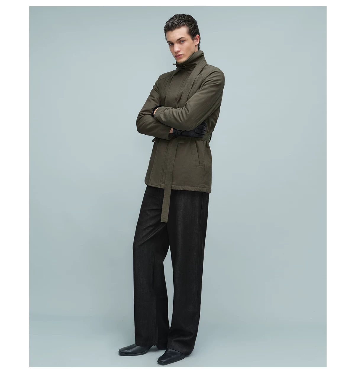 BELTED STAND COLLAR JACKET アーミーグリーン