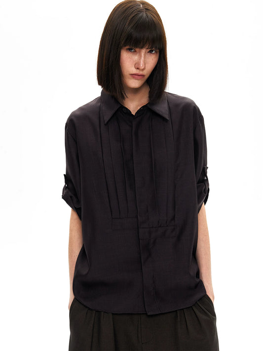 GLOSSY SILK PLEAT SHIRT