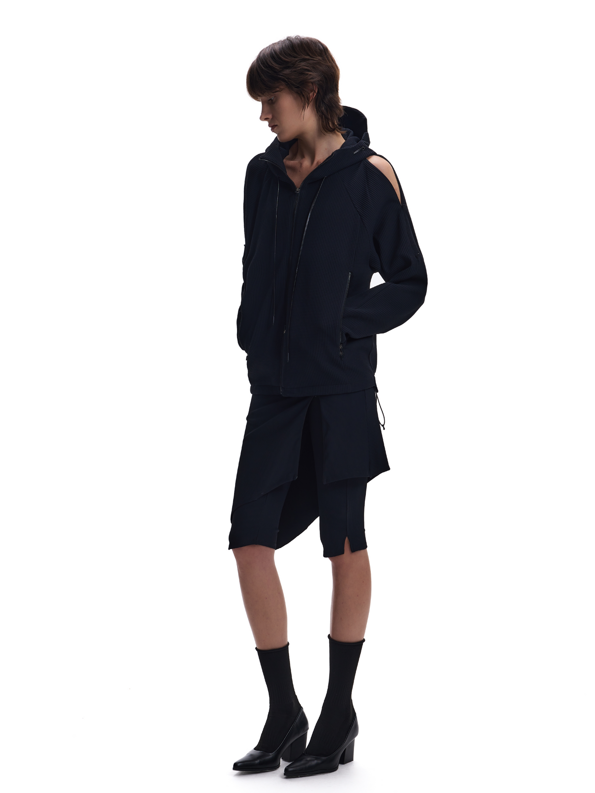 WAFFLE-WEAVE DRAWSTRING HOODIE