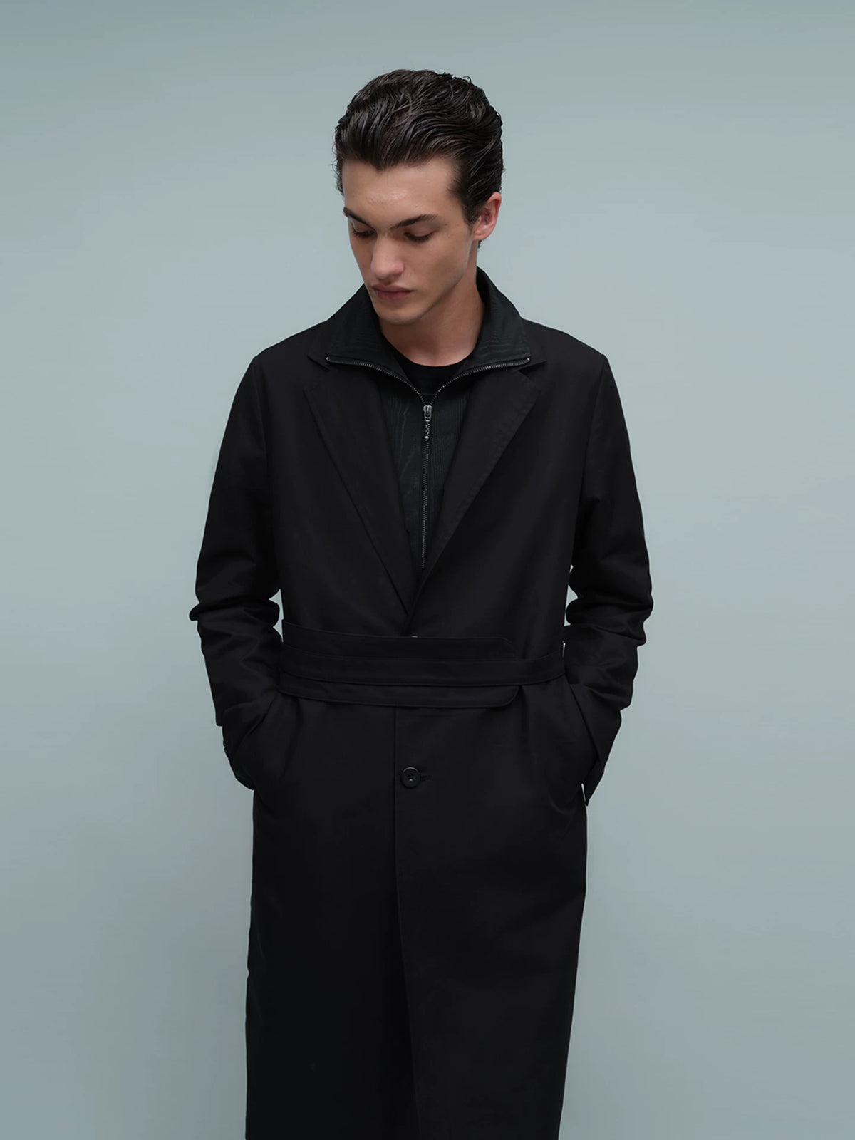 LAYERED BELTED TRENCH COAT ブラック