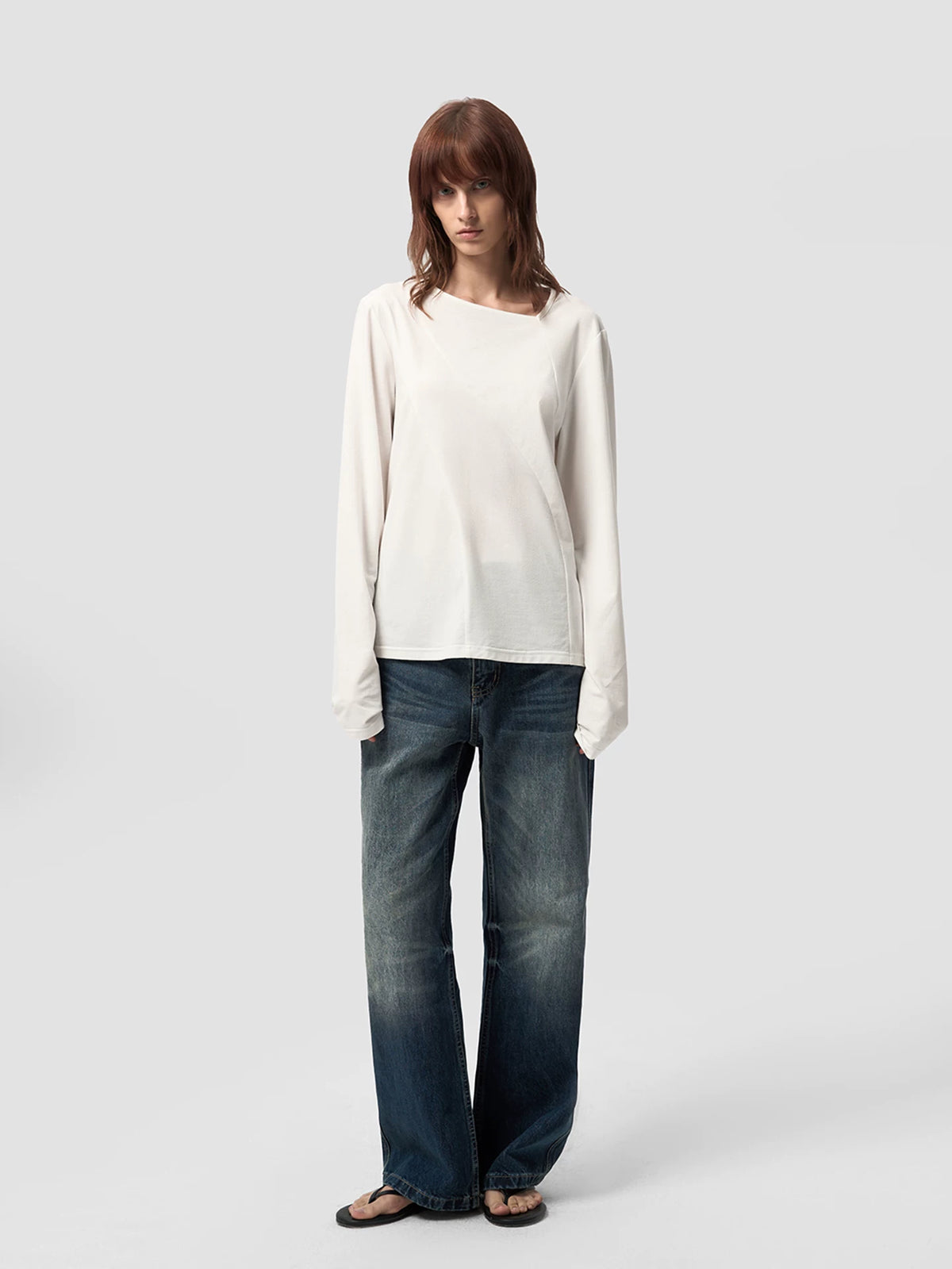 ASYMMETRIC NECK LINEN BLEND LONG SLEEVE TOP 12