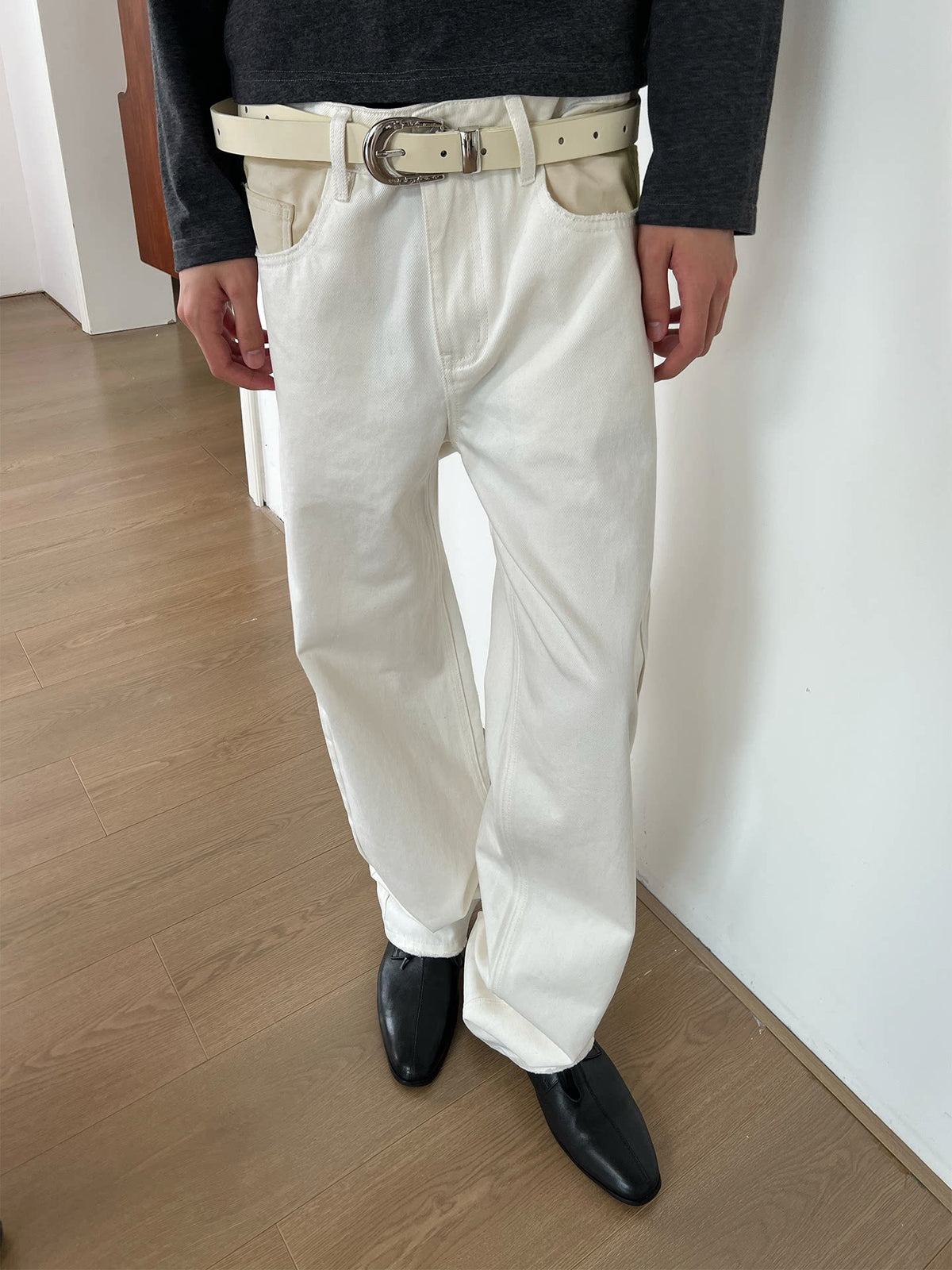 LEATHER-TRIM SLIM JEANS