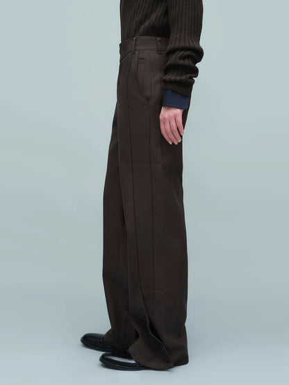 ASYMMETRIC WAIST BUTTON HEM TROUSERS ダークブラウン