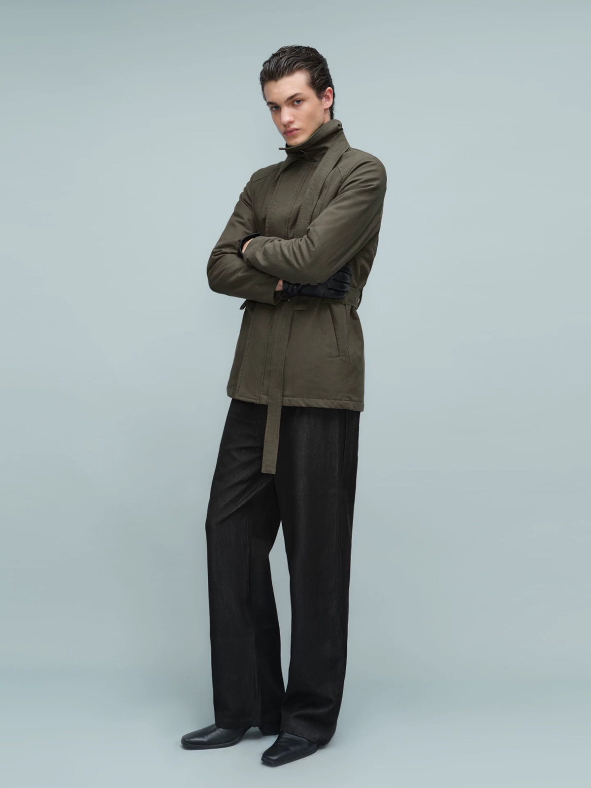 BELTED STAND COLLAR JACKET アーミーグリーン