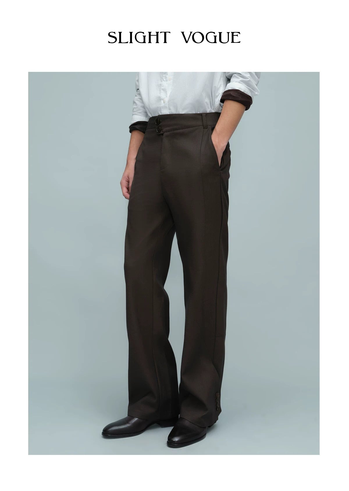 ASYMMETRIC WAIST BUTTON HEM TROUSERS ダークブラウン