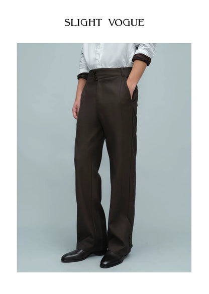 ASYMMETRIC WAIST BUTTON HEM TROUSERS ダークブラウン