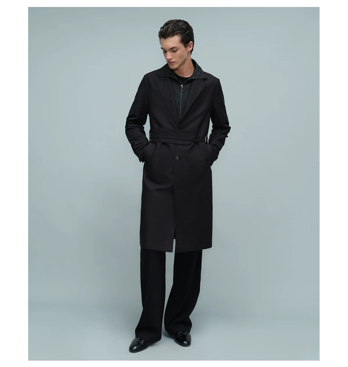 LAYERED BELTED TRENCH COAT ブラック