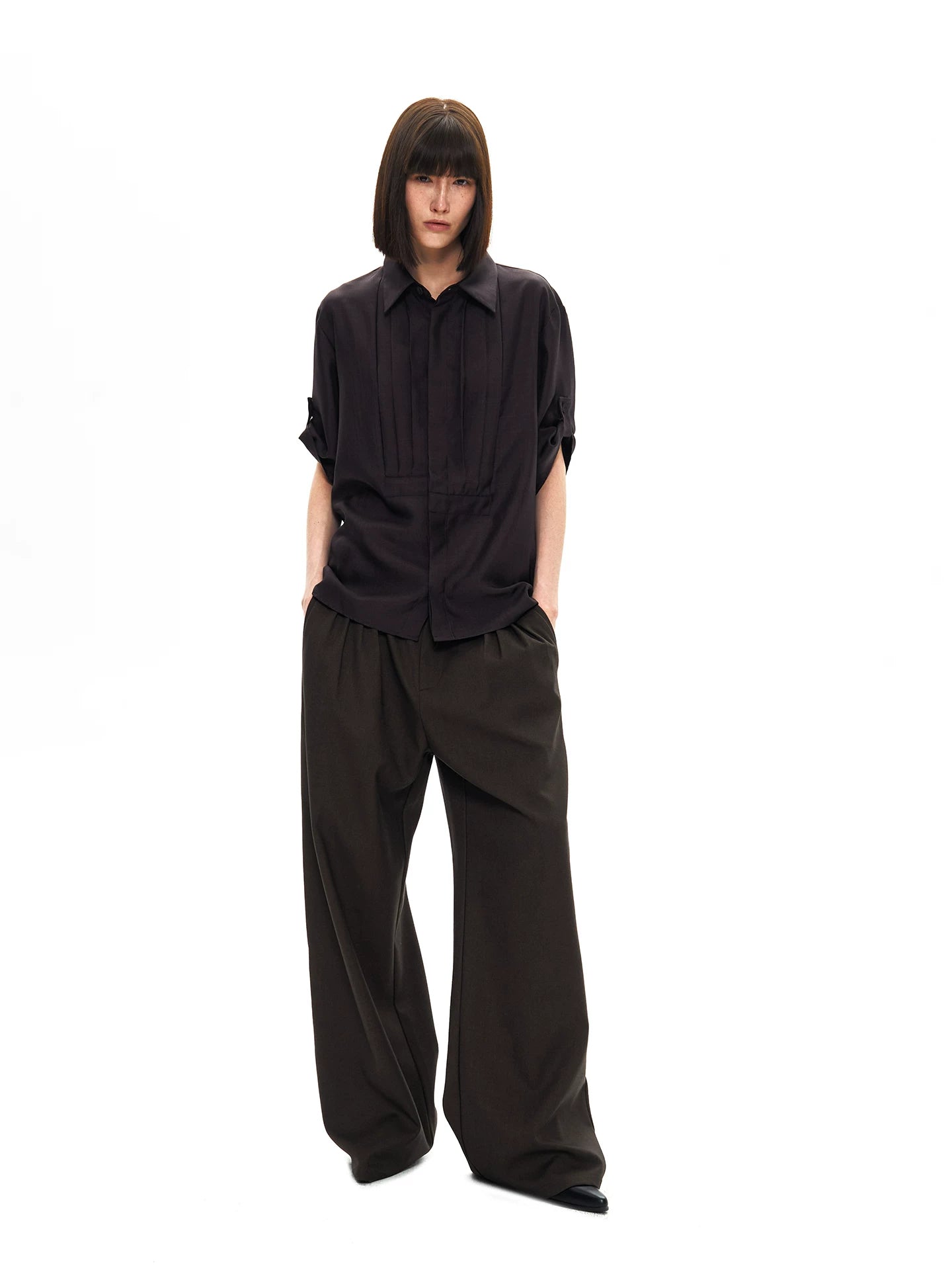 GLOSSY SILK PLEAT SHIRT