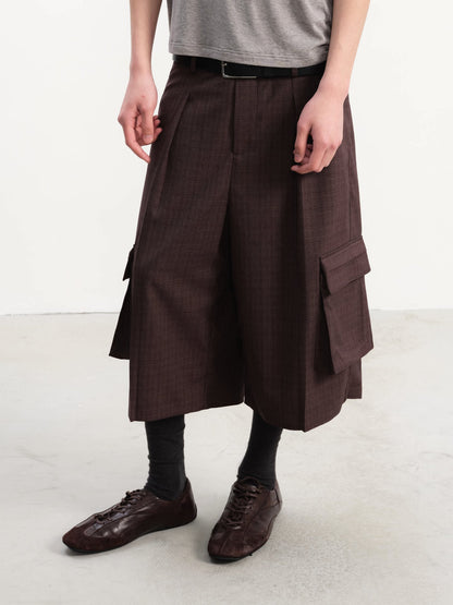 PLAID PLEATED WORK SHORTS