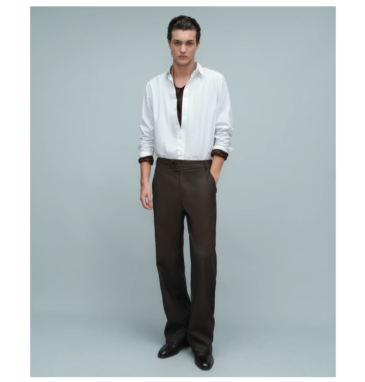 ASYMMETRIC WAIST BUTTON HEM TROUSERS ダークブラウン