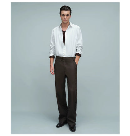 ASYMMETRIC WAIST BUTTON HEM TROUSERS ダークブラウン