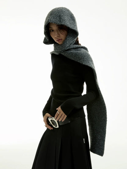 KNITTED FLORAL HOODED SCARF