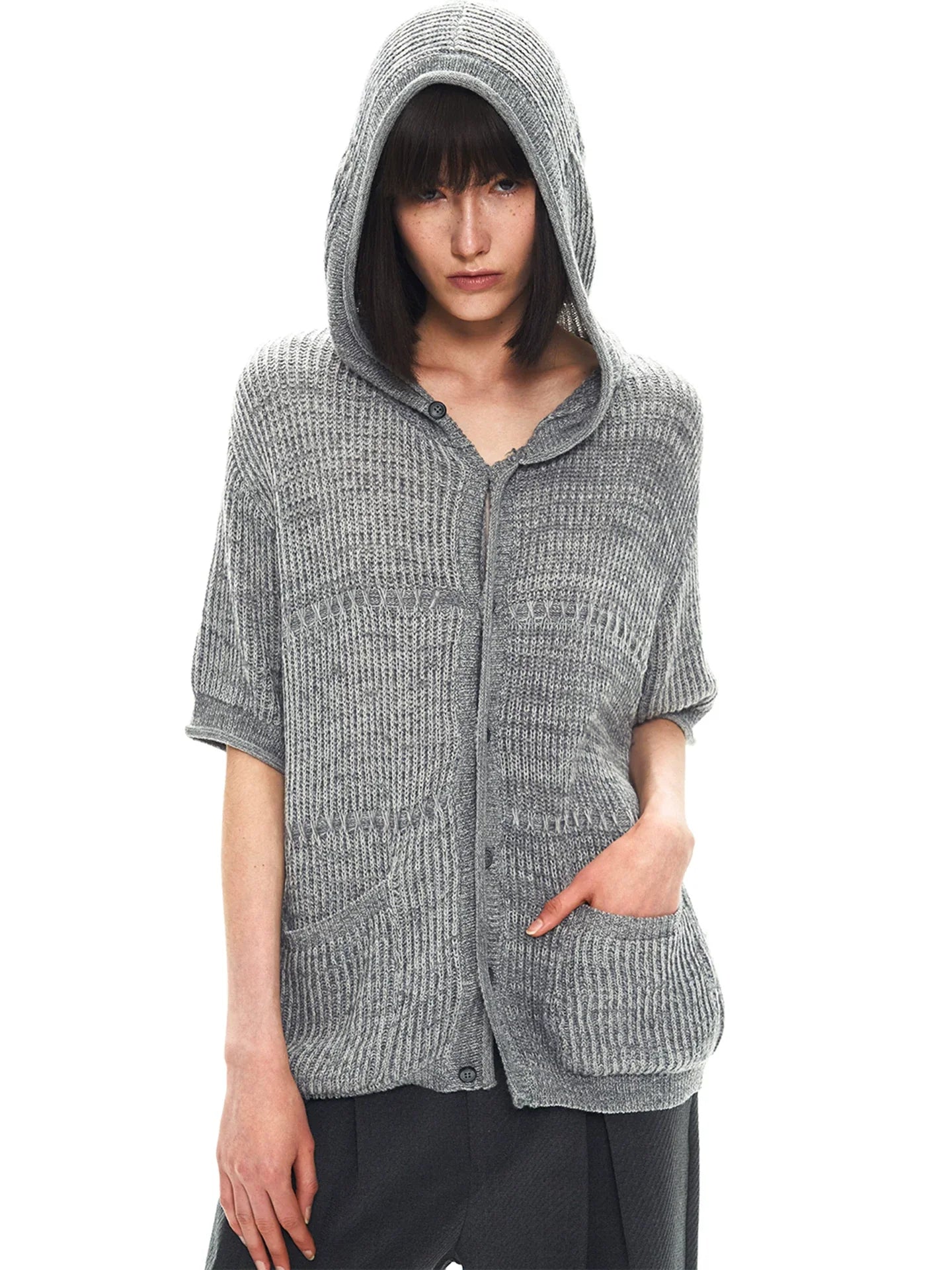 JACQUARD HOODED CARDIGAN