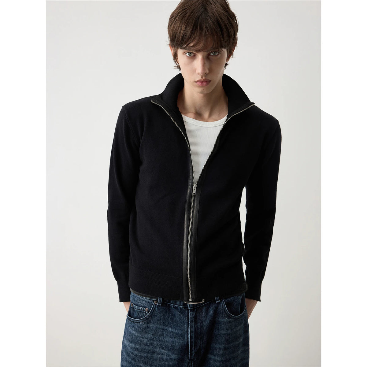 WOOL LEATHER BLEND CARDIGAN