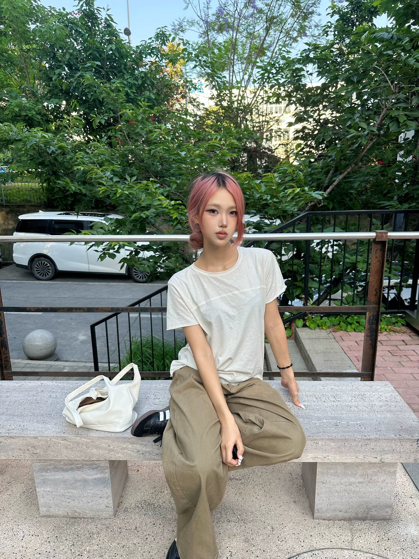 TEXTURED COTTON-LINEN SHORT-SLEEVE TOP