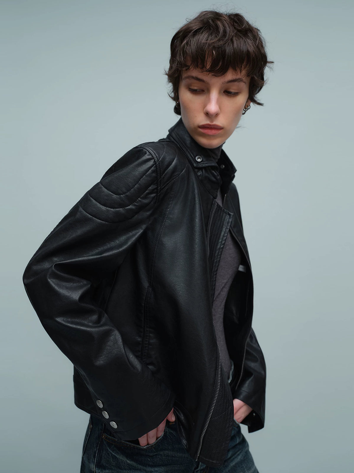 QUILTED SHOULDER BIKER JACKET ブラック 3