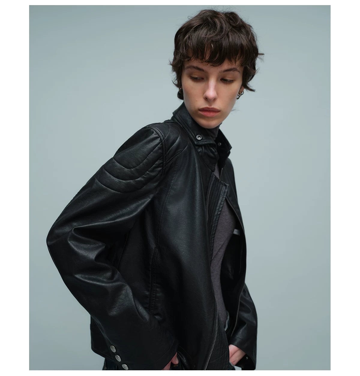 QUILTED SHOULDER BIKER JACKET ブラック 9