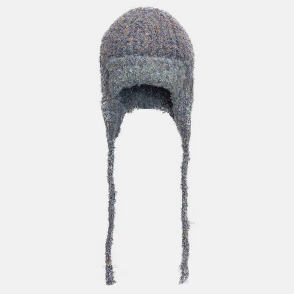 MELANGE EARFLAP KNIT CAP ブラックパープル