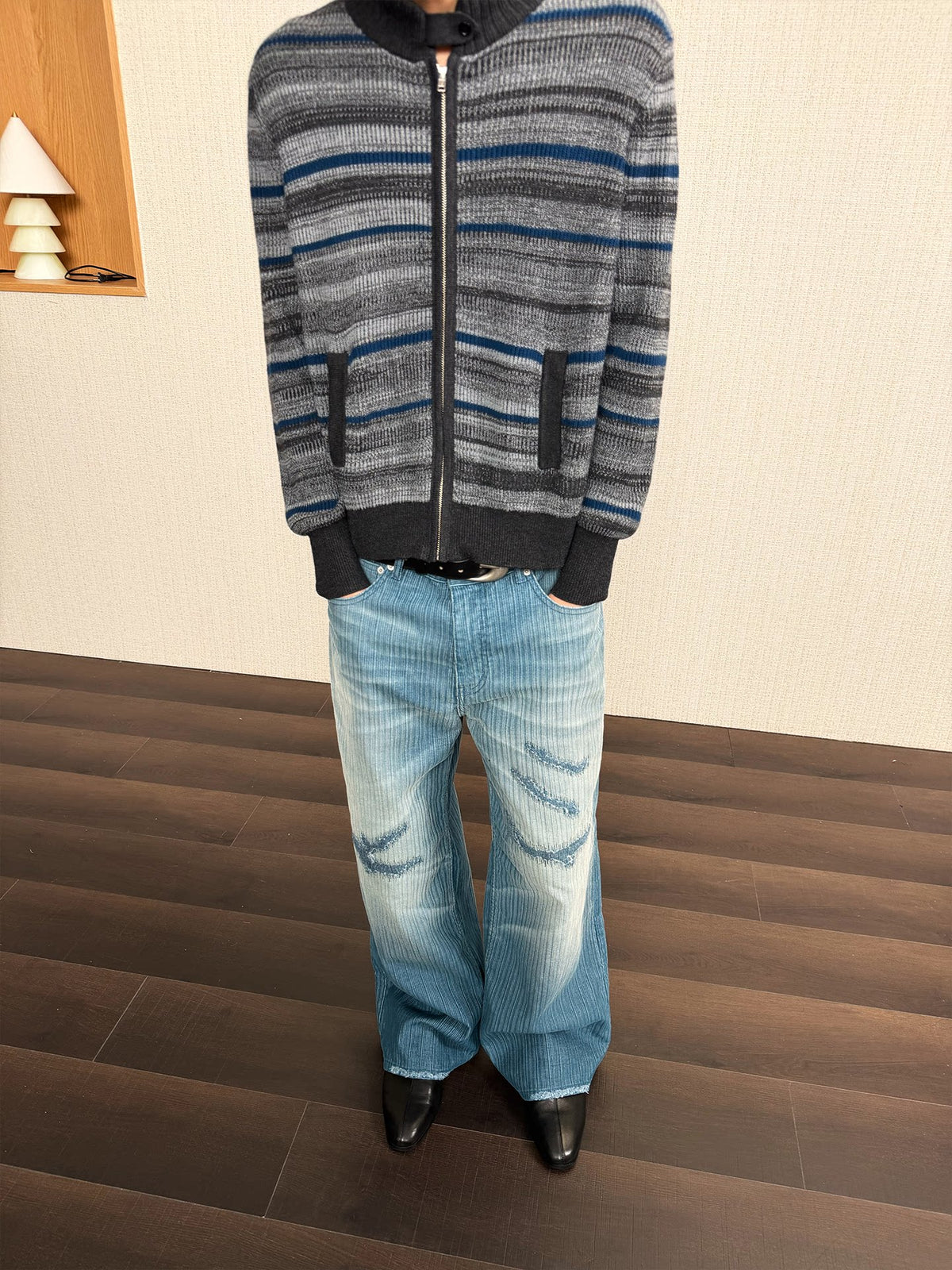 STRIPED RIBBED KNIT CARDIGAN
