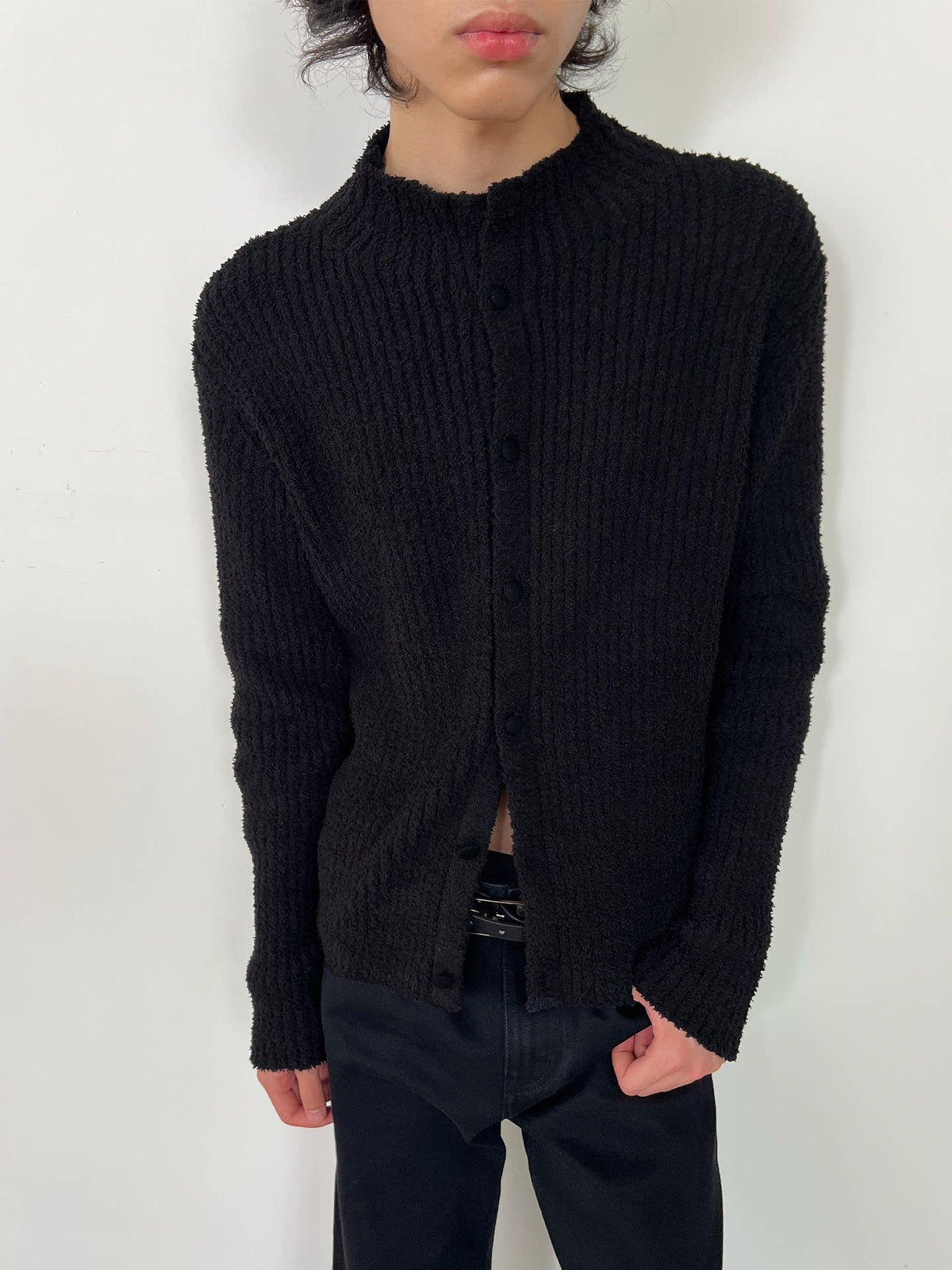 STAND-COLLAR RIBBED CARDIGAN