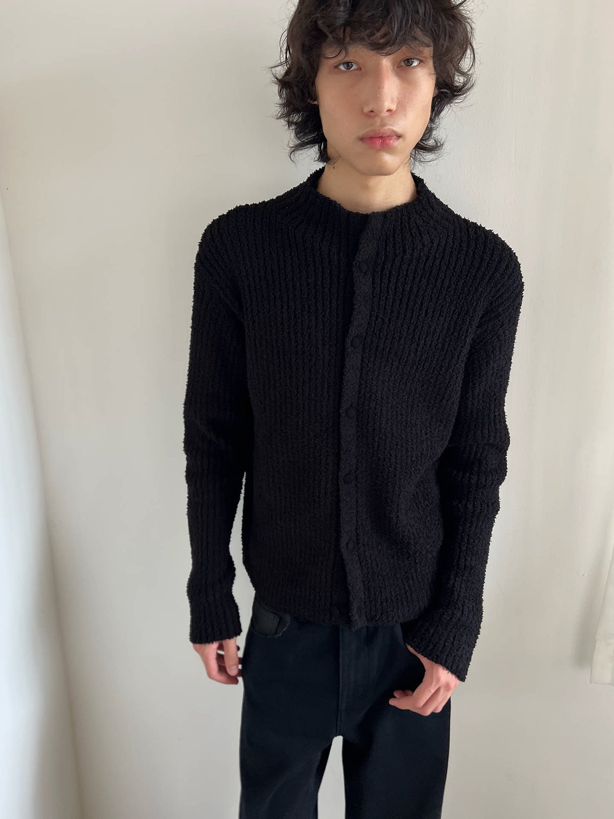 STAND-COLLAR RIBBED CARDIGAN