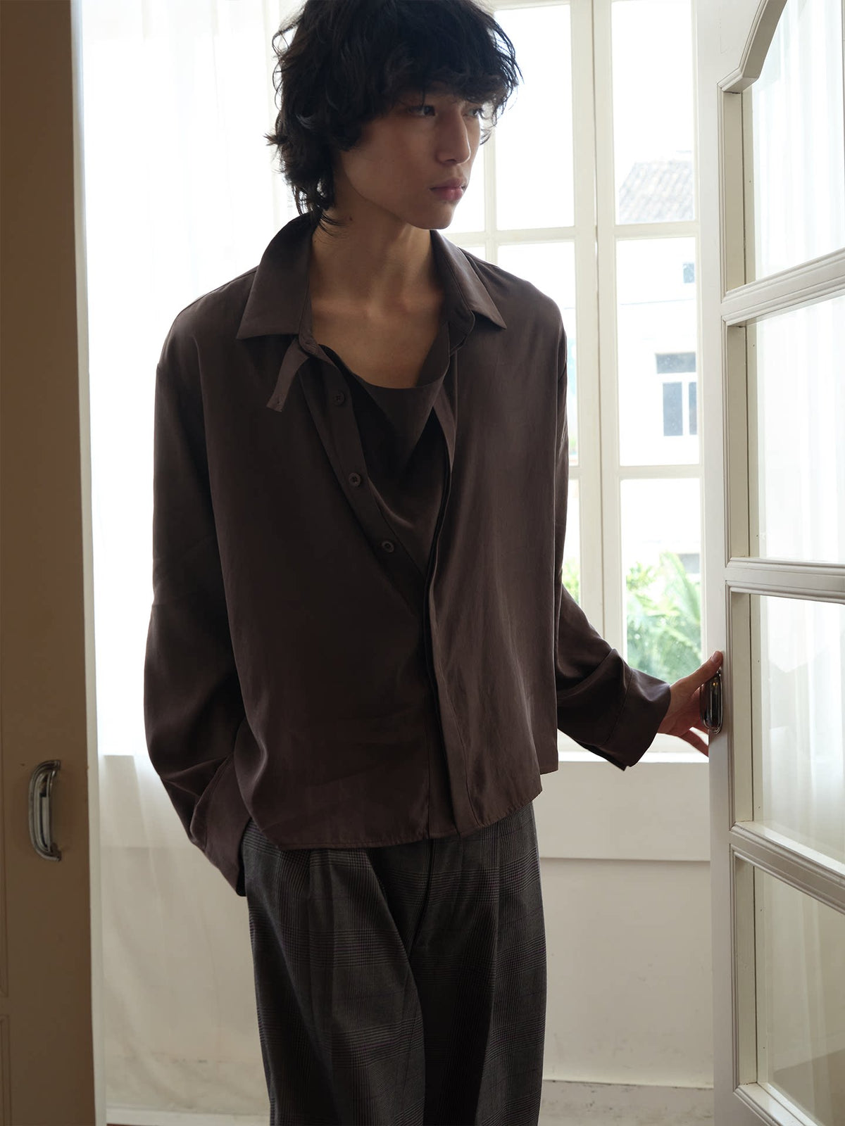 DRAPED COLLAR CUPRO-BLEND SHIRT