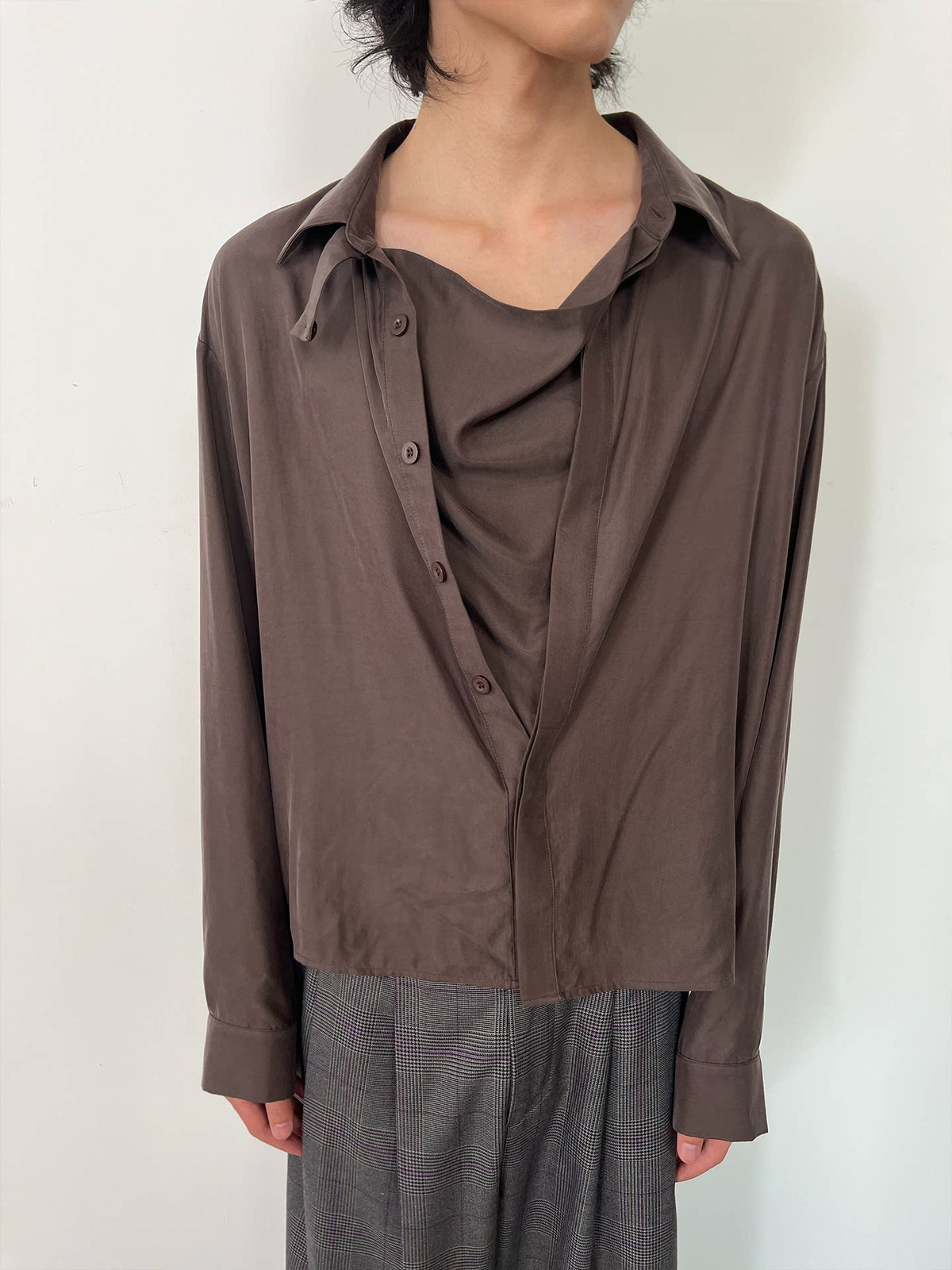 DRAPED COLLAR CUPRO-BLEND SHIRT