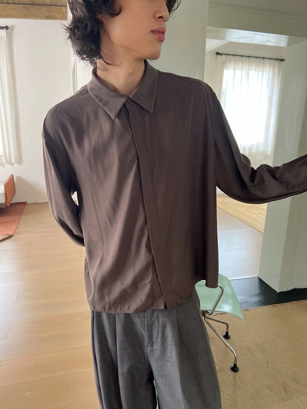 DRAPED COLLAR CUPRO-BLEND SHIRT